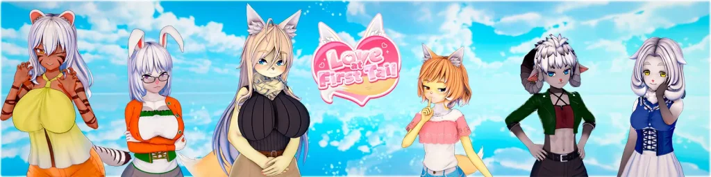 Portada del juego h Love at First Tail, novela visual romántica con animación 3D, protagonizada por un hombre y chicas furry