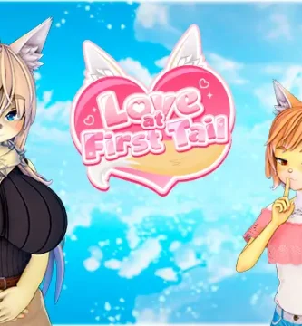 Portada del juego h Love at First Tail, novela visual romántica con animación 3D, protagonizada por un hombre y chicas furry