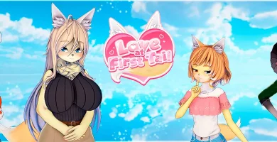 Portada del juego h Love at First Tail, novela visual romántica con animación 3D, protagonizada por un hombre y chicas furry