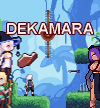 Portada con personajes principales del juego 2D pixelart Dekamara Quest