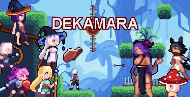 Portada con personajes principales del juego 2D pixelart Dekamara Quest