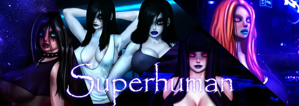 Portada del juego Superhuman, novela visual 2D para Android, con horror, romance y decisiones múltiples.