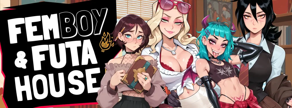 La portada de Femboy Futa House juego h 2D para Android APK con fantasía, sandbox y simulación de vida en una universidad mágica