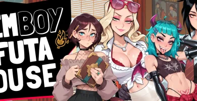 La portada de Femboy Futa House juego h 2D para Android APK con fantasía, sandbox y simulación de vida en una universidad mágica