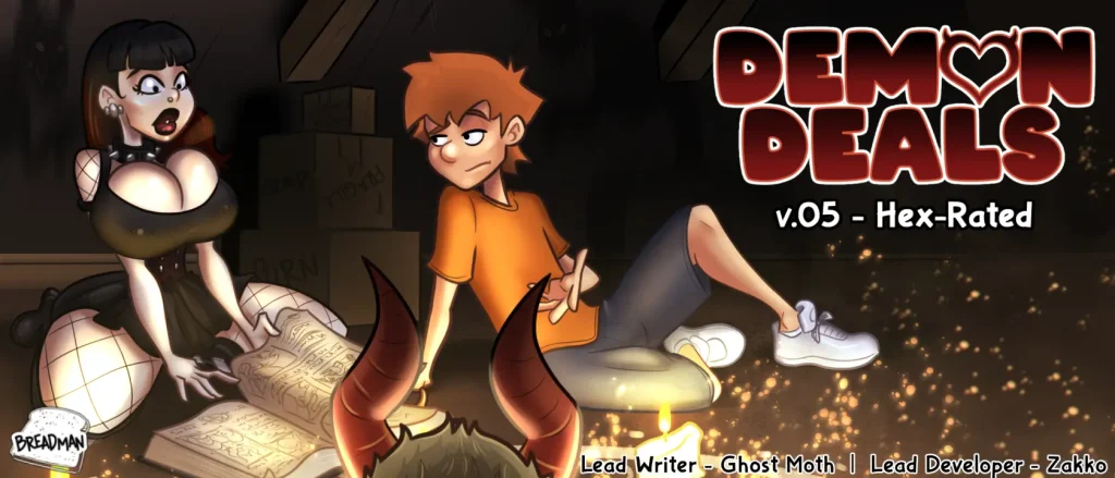 Portada de Demon Deals, juego 2D adulto RPGM de romance paranormal y sandbox con harem y futa