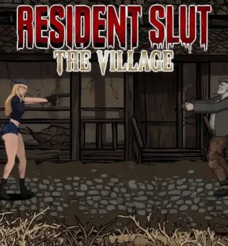 Protagonista en combate dentro de Resident Slut 4 en un entorno de pueblo hostil
