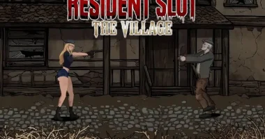 Protagonista en combate dentro de Resident Slut 4 en un entorno de pueblo hostil
