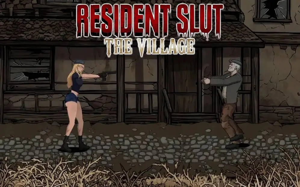 Protagonista en combate dentro de Resident Slut 4 en un entorno de pueblo hostil
